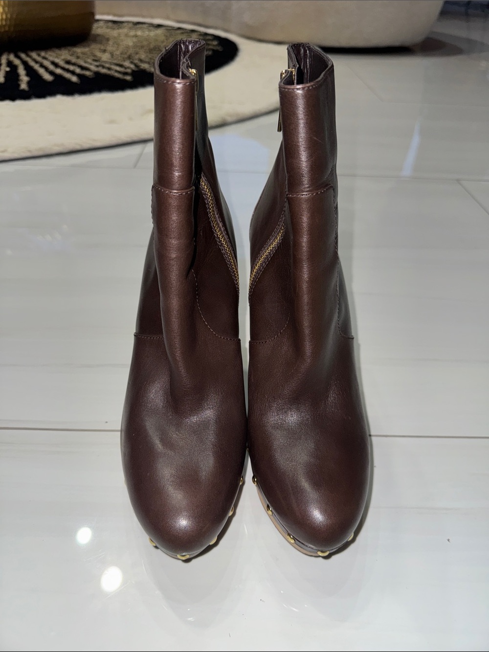 Michael Kors Dark Brown Leather Ankle Booties with Gold Accents